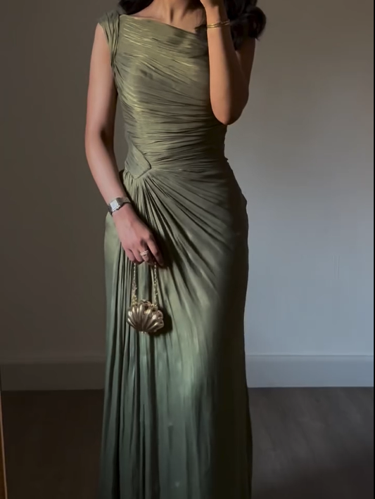 Green One Shoulder Sheath Split Chiffon Long Party Dress Evening Dress, DP4900