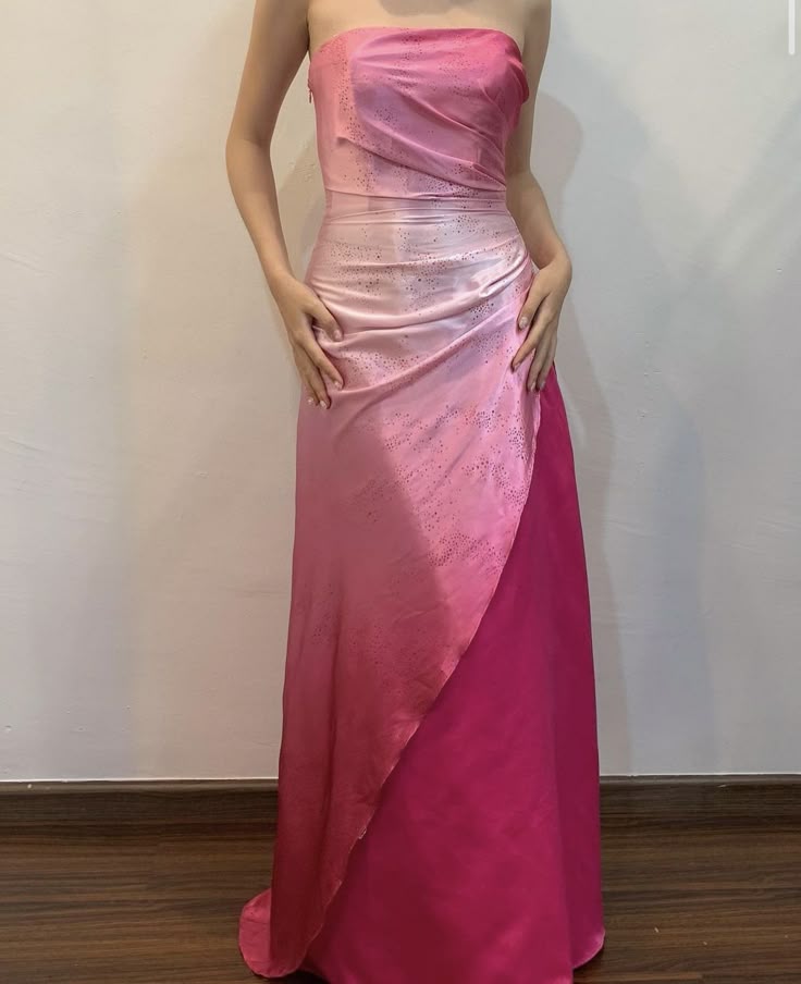 Hot Pink Strapless A-Line Satin Long Party Dress Vintage Evening Dress, DP4905