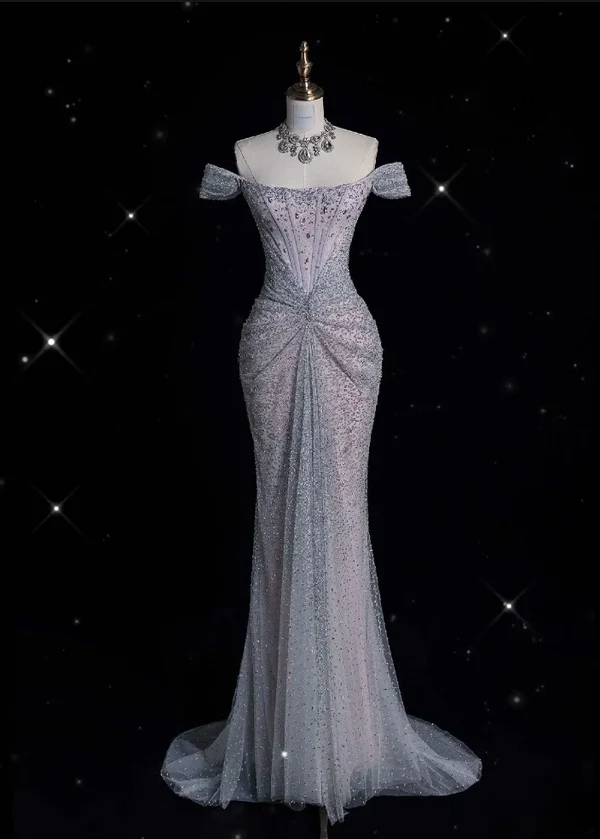 Gorgeous Off Shoulder Silver Mermaid Long Prom Dress Glitter Evening Gown, DP4908