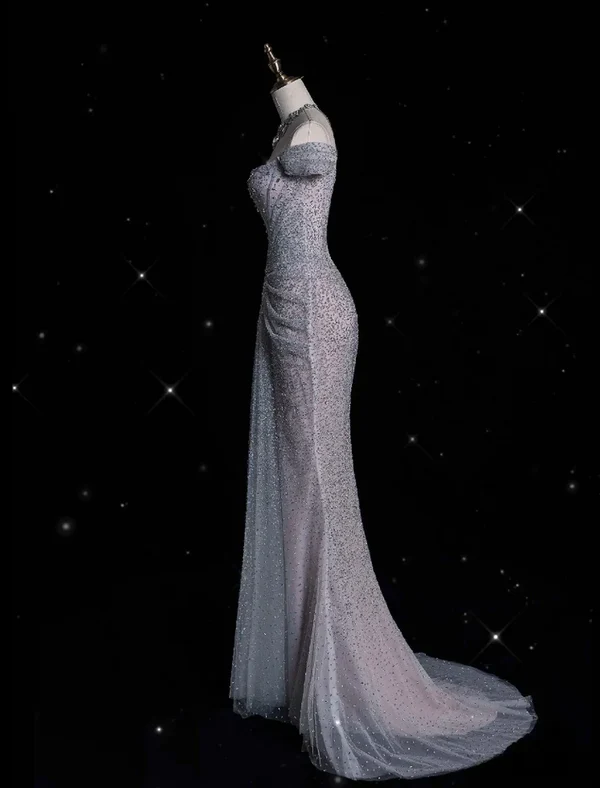 Gorgeous Off Shoulder Silver Mermaid Long Prom Dress Glitter Evening Gown, DP4908