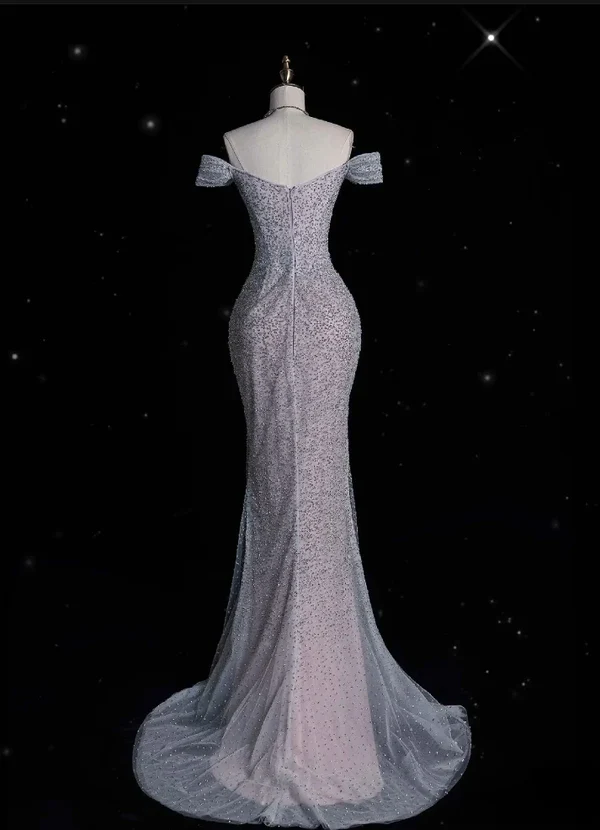 Gorgeous Off Shoulder Silver Mermaid Long Prom Dress Glitter Evening Gown, DP4908