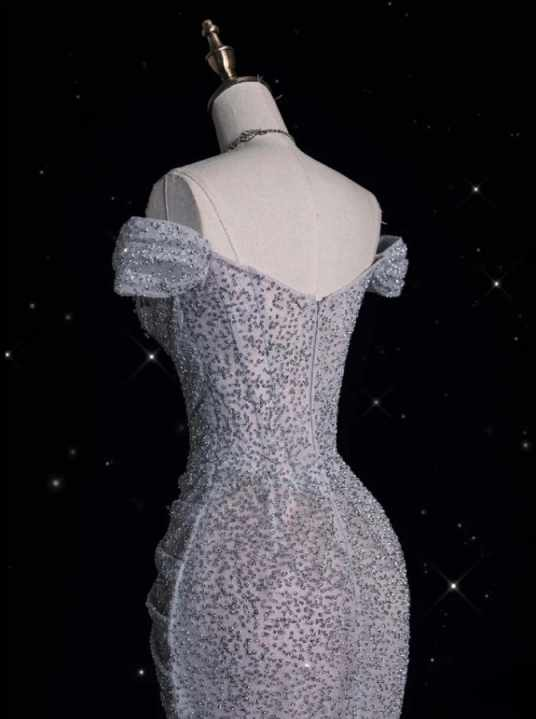 Gorgeous Off Shoulder Silver Mermaid Long Prom Dress Glitter Evening Gown, DP4908