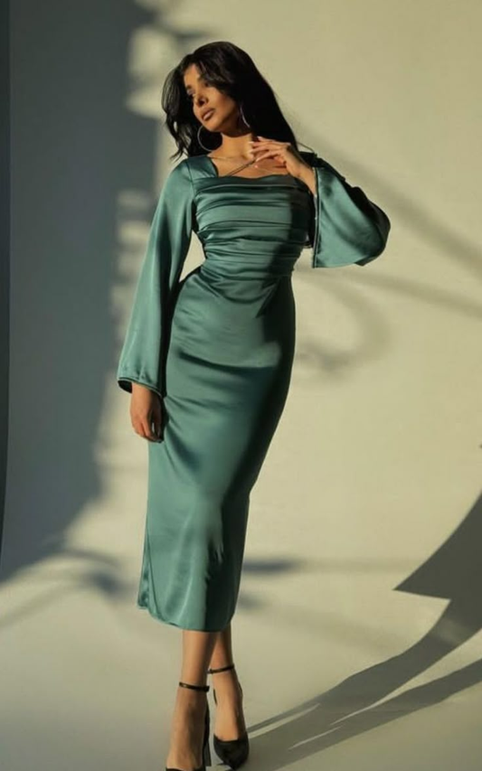 Elegant Green Satin Long Sleeves Midi Length Formal Party Dress Evening Dress, DP4909