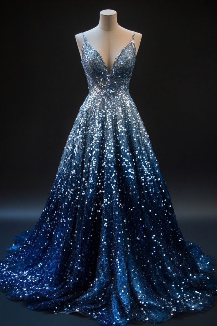 Blue Ombre V Neck Straps A-Line Sequins Long Party Dress Evening Gown, DP4916