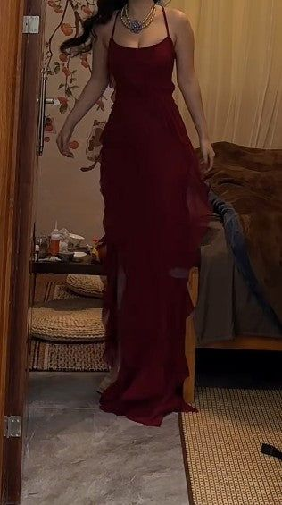 Burgundy Straps Sheath Ruffles Long Party Dress Sexy Evening Dress, DP4919