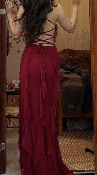 Burgundy Straps Sheath Ruffles Long Party Dress Sexy Evening Dress, DP4919