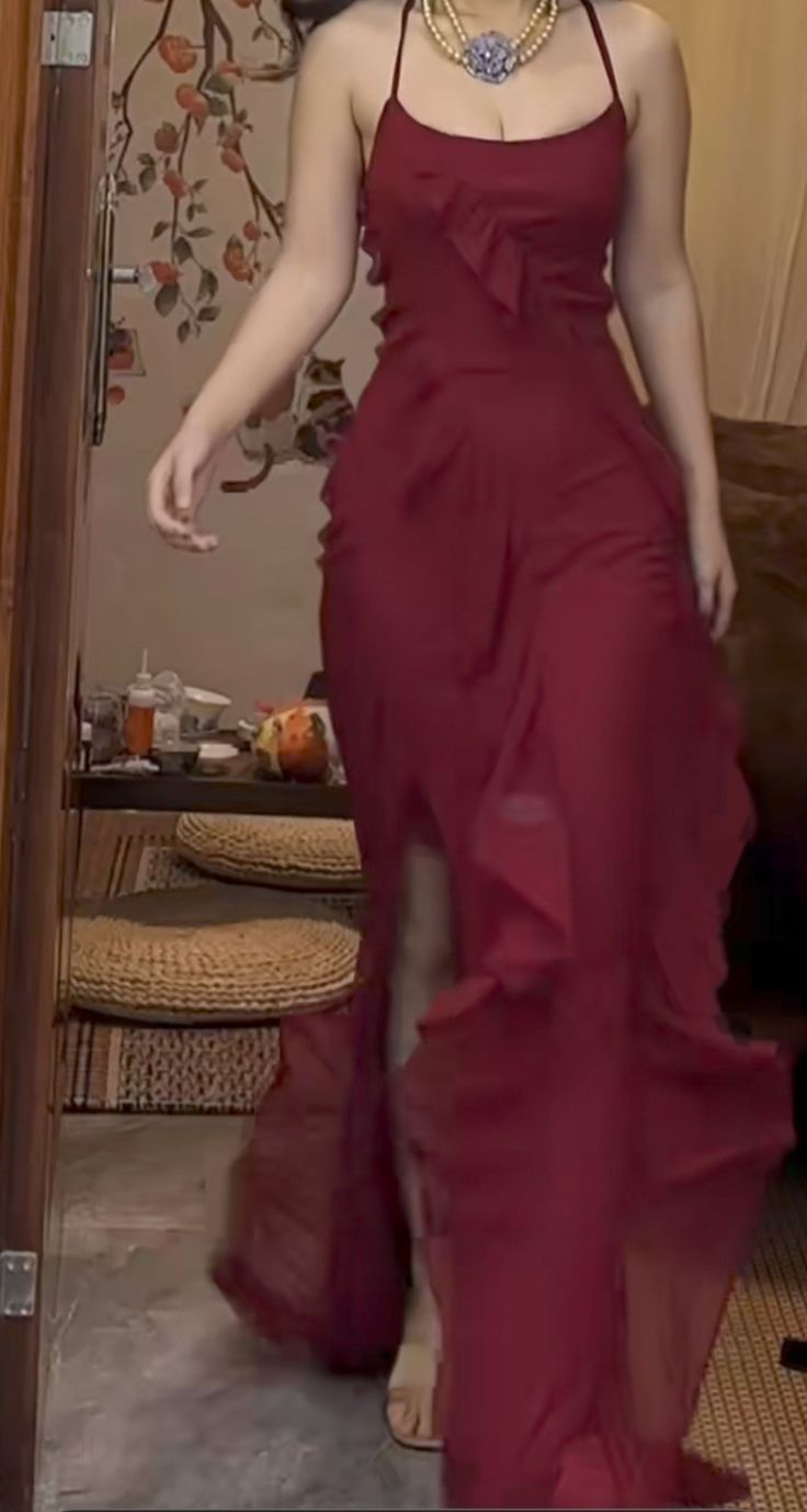 Burgundy Straps Sheath Ruffles Long Party Dress Sexy Evening Dress, DP4919