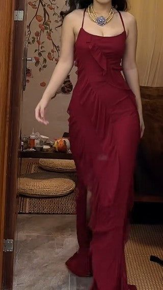 Burgundy Straps Sheath Ruffles Long Party Dress Sexy Evening Dress, DP4919
