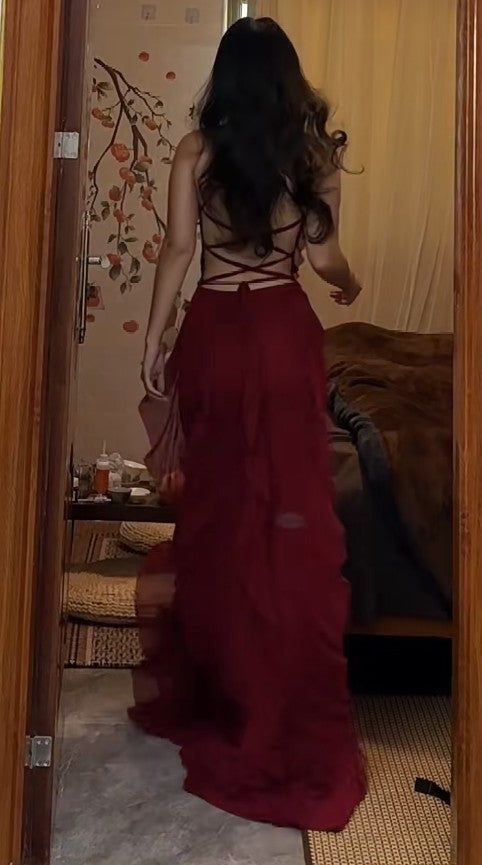 Burgundy Straps Sheath Ruffles Long Party Dress Sexy Evening Dress, DP4919