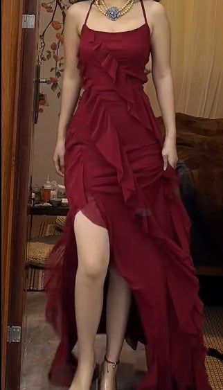 Burgundy Straps Sheath Ruffles Long Party Dress Sexy Evening Dress, DP4919