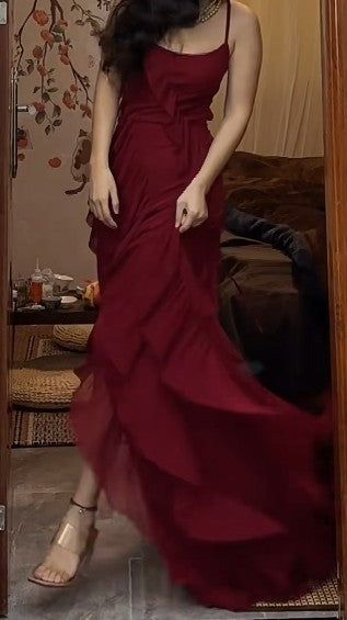 Burgundy Straps Sheath Ruffles Long Party Dress Sexy Evening Dress, DP4919