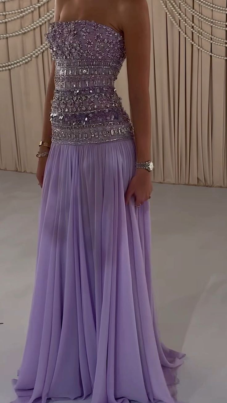 Gorgeous Lilac Strapless A-Line Beading Long Party Dress Evening Gown, DP4924