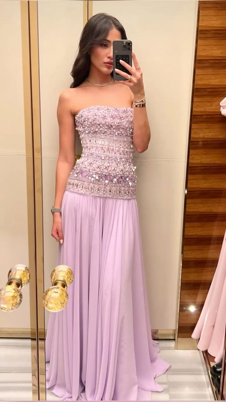 Gorgeous Lilac Strapless A-Line Beading Long Party Dress Evening Gown, DP4924
