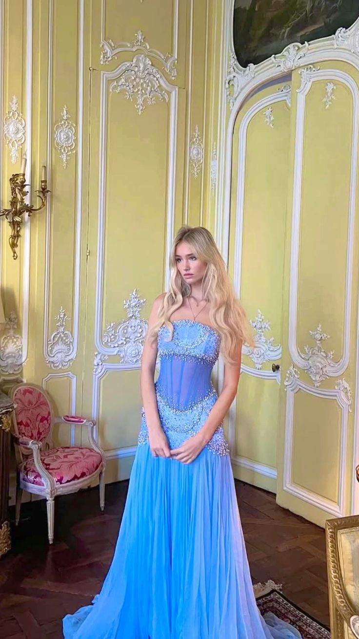 Gorgeous Blue Strapless A-Line Beading Chiffon Long Party Dress Evening Gown, DP4925