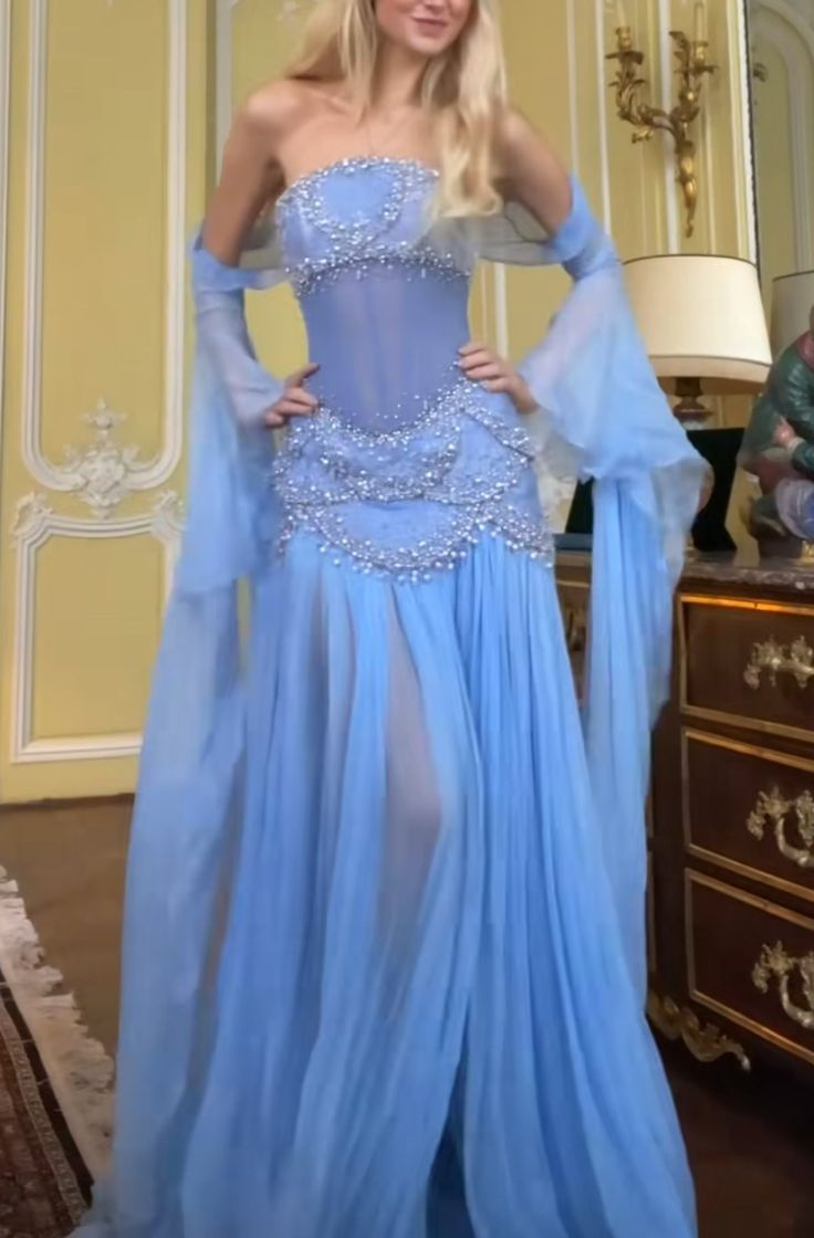 Gorgeous Blue Strapless A-Line Beading Chiffon Long Party Dress Evening Gown, DP4925