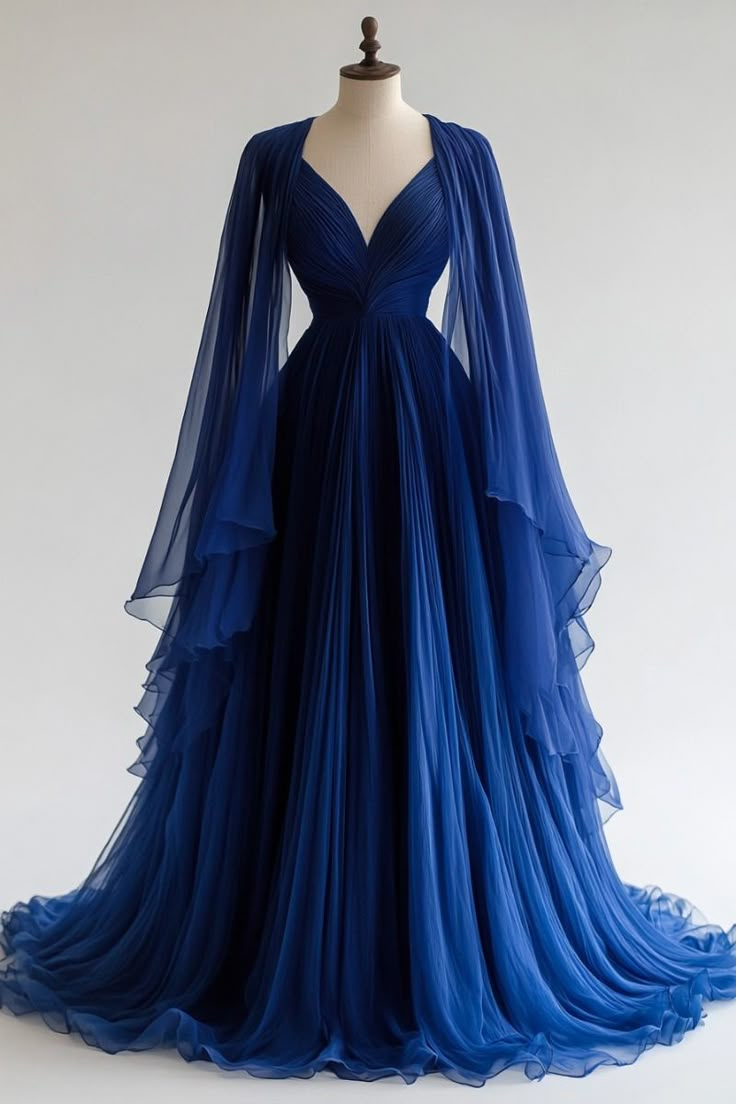 Elegant Dark Navy V Neck A-Line Chiffon Long Party Dress Evening Gown, DP4933
