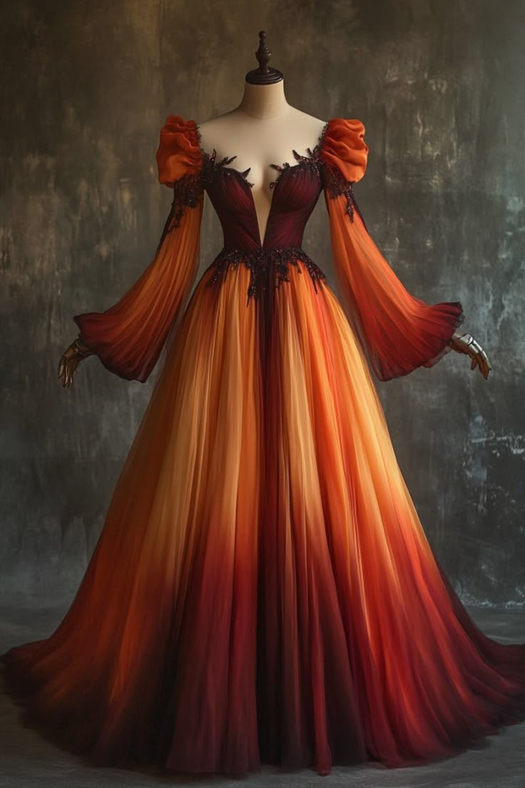 Ombre Long Sleeves A-Line Chiffon Long Formal Prom Dress Evening Gown, DP4936