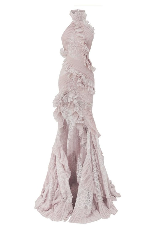 Elegant Halter Neck Mermaid Lace Tiered Long Party Dress Evening Gown, DP4939