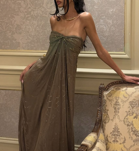 Robe de soirée longue bustier vintage trapèze ornée de perles ombrées, DP4941