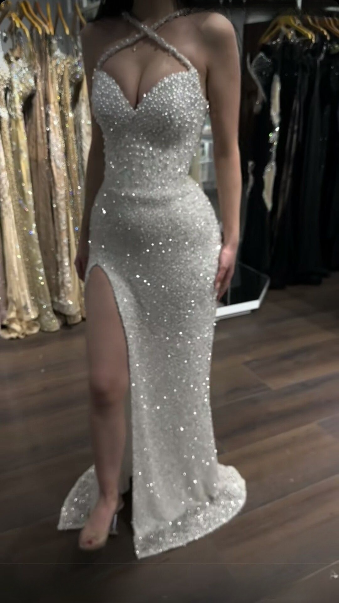 Shiny White Cross Neck Mermaid Beading Long Party Dress Evening Dress, DP4944
