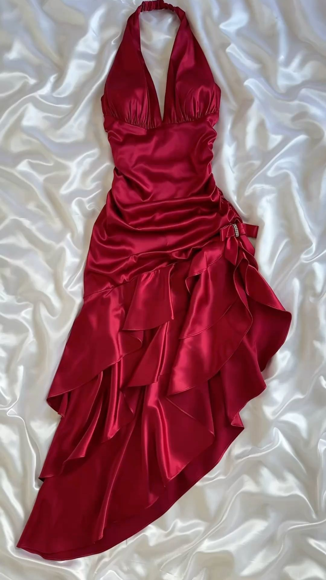 Wine Red Halter A-Line Satin Ruffles Long Party Dress Vintage Evening Dress, DP4945