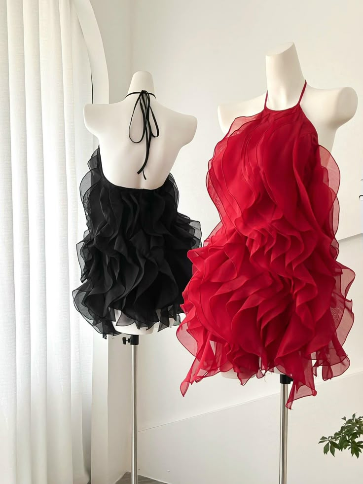 Red Halter Neck Sheath Ruffles Chiffon Short Party Dress Fashion Summer Dress, DP4947