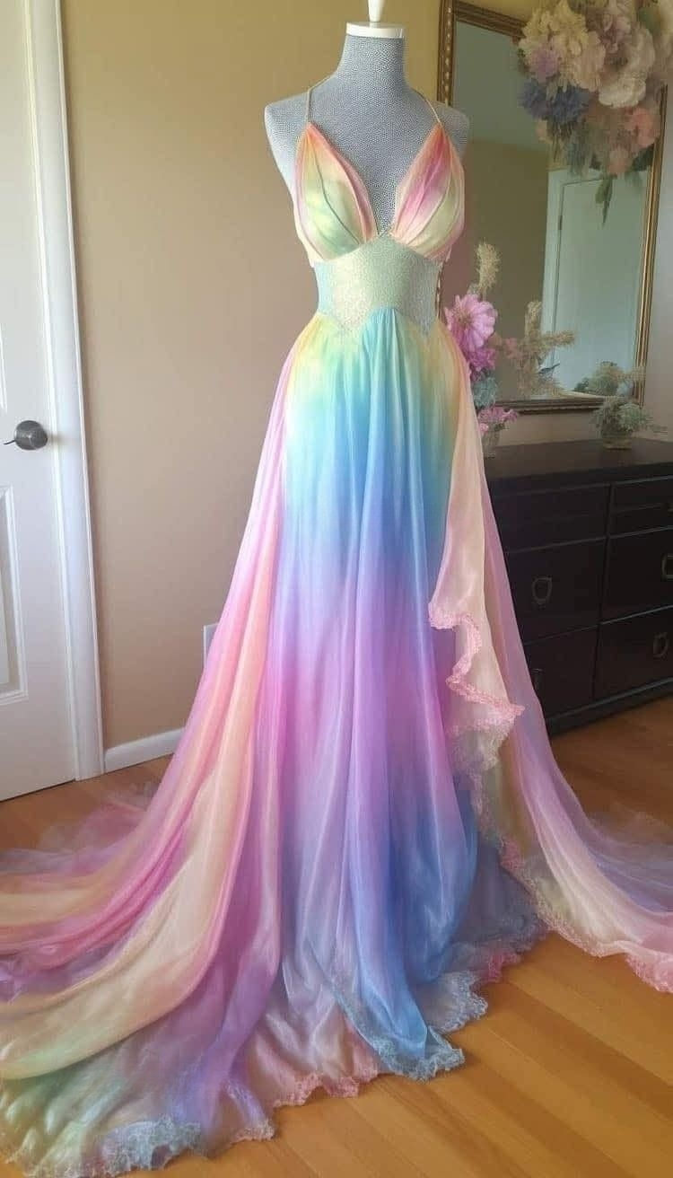 Gorgeous Ombre Straps V Neck A-Line Chiffon Long Evening Party Dress, DP4951