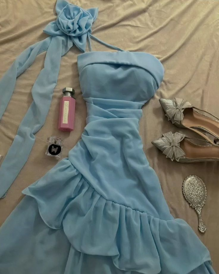 Robe de soirée longue bleu clair asymétrique en mousseline de soie, DP4953