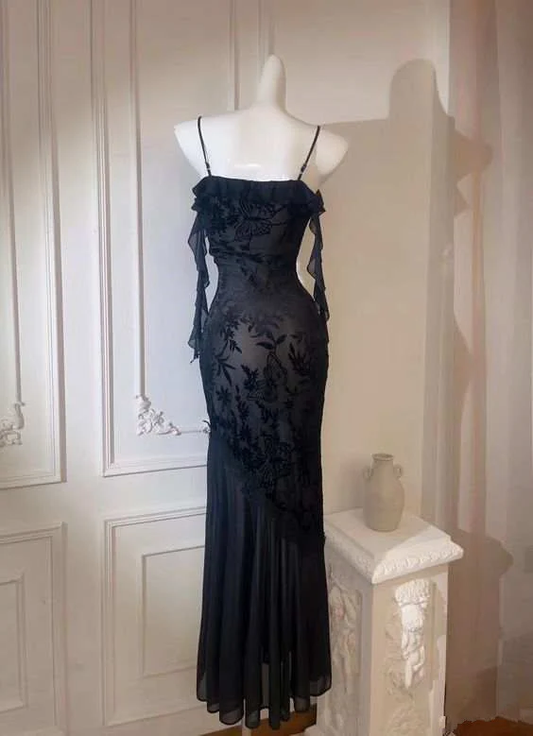 Sexy Black Spaghetti Straps Mermaid Chiffon Long Party Dress Evening Dress, DP4960