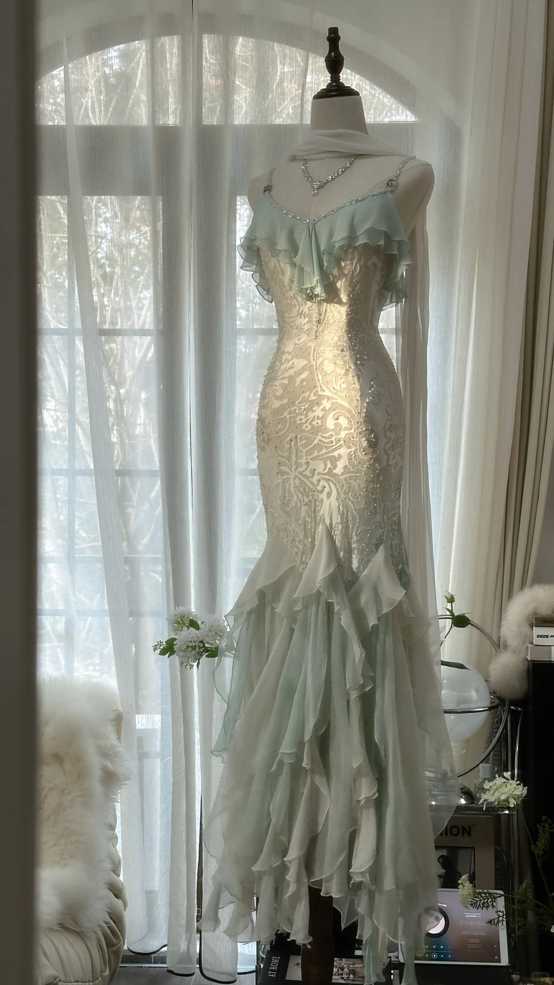 Fairy Spaghetti Straps Mermaid Ruffles Beading Long Party Dress Birthday Outfits, DP4964