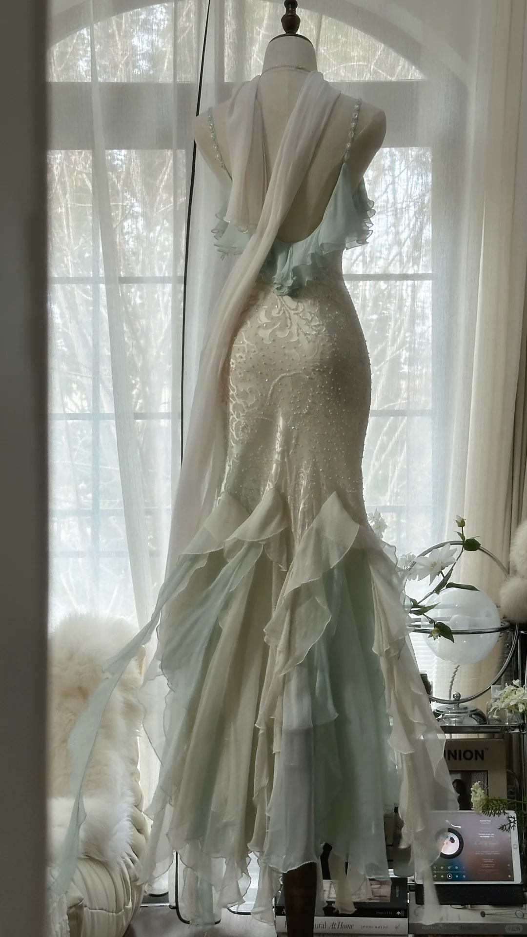 Fairy Spaghetti Straps Mermaid Ruffles Beading Long Party Dress Birthday Outfits, DP4964