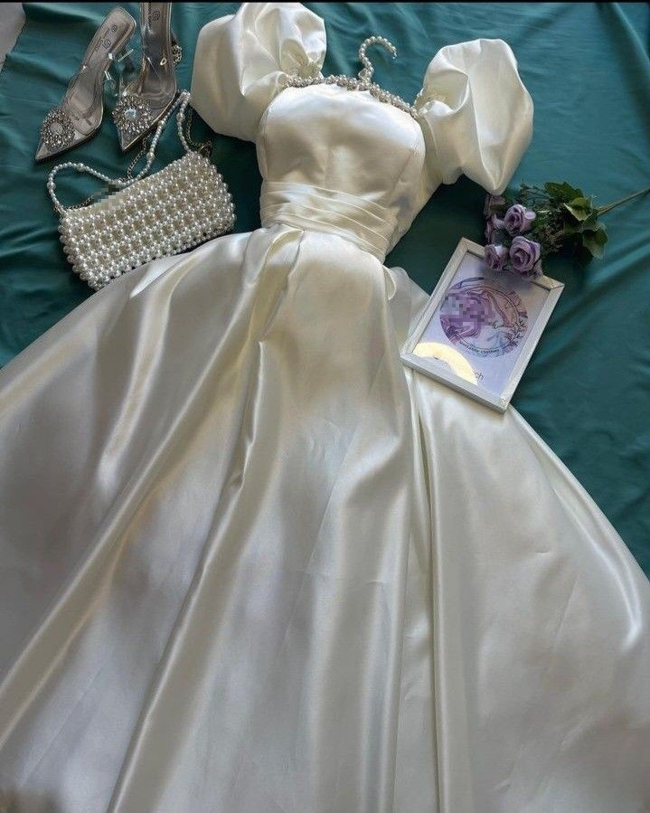 Elegant White A-Line Satin Long Party Dress Princess Birthday Dress, DP4969