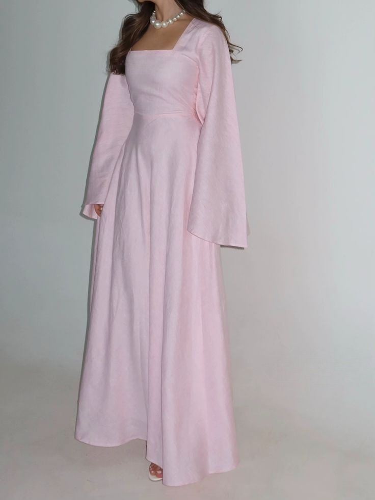 Robe de soirée trapèze rose clair à manches longues, style modeste, DP4970