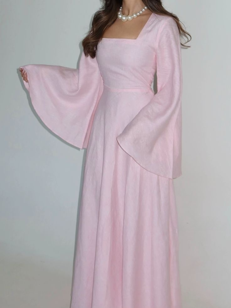 Elegant Pink A-Line Prom Dress Square Neck Bell Sleeves Formal Evening DSProm Elegant Pink A-Line Prom Dress Square Neck Bell Sleeves Formal Evening DSProm