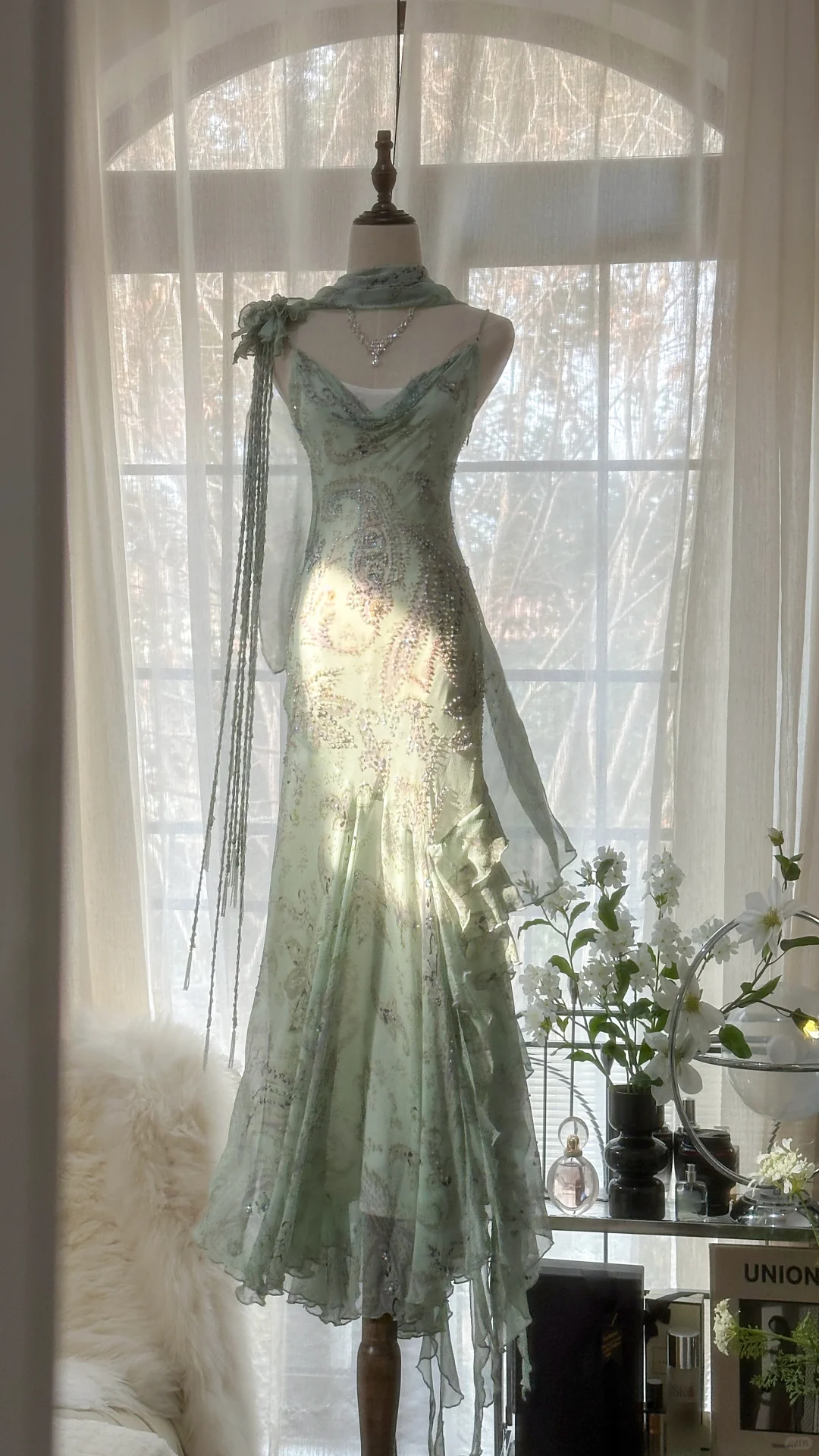 Light Sage Straps Mermaid Beading Chiffon Long Party Dress Birthday Dress, DP4972