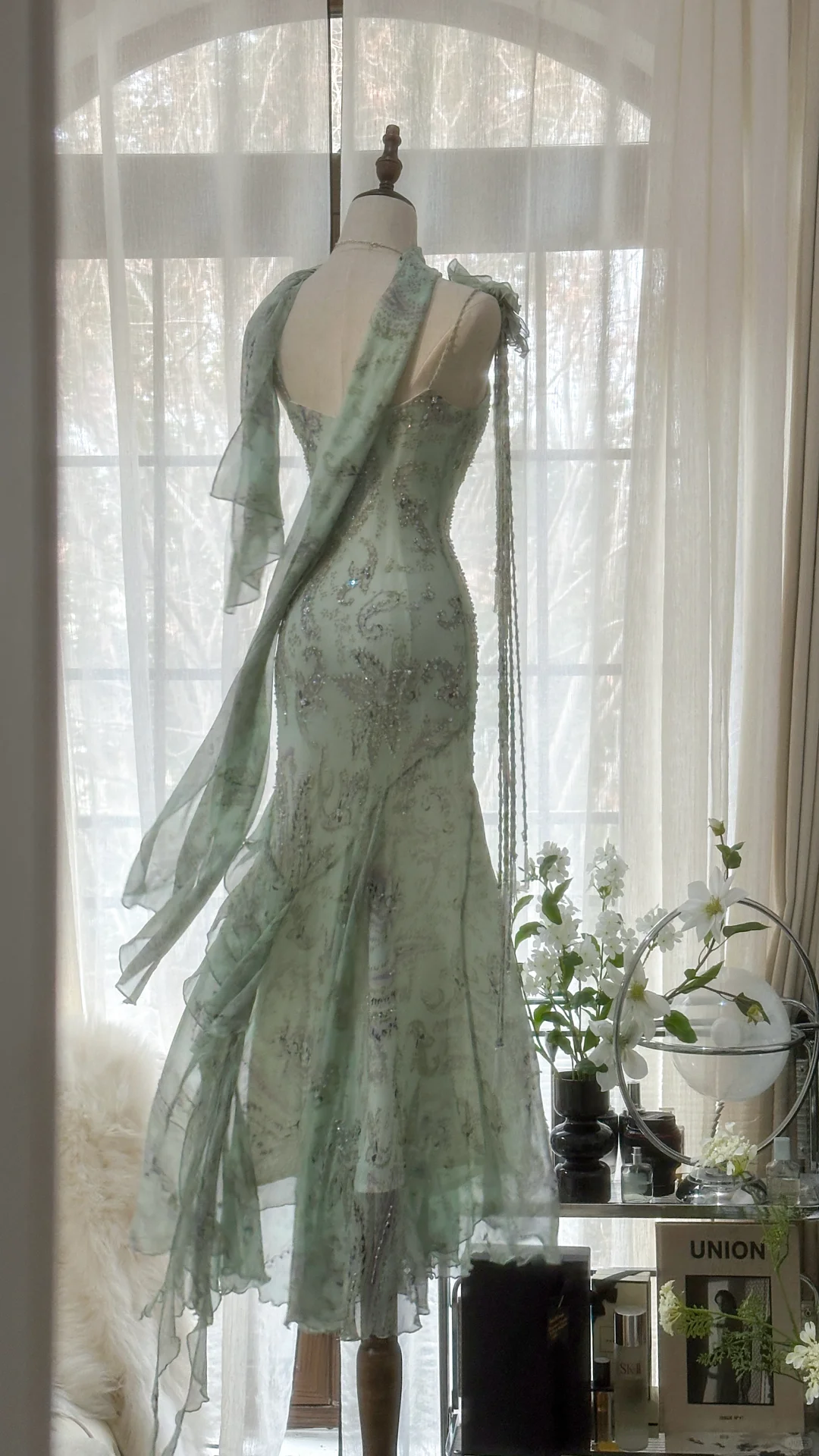Light Sage Straps Mermaid Beading Chiffon Long Party Dress Birthday Dress, DP4972