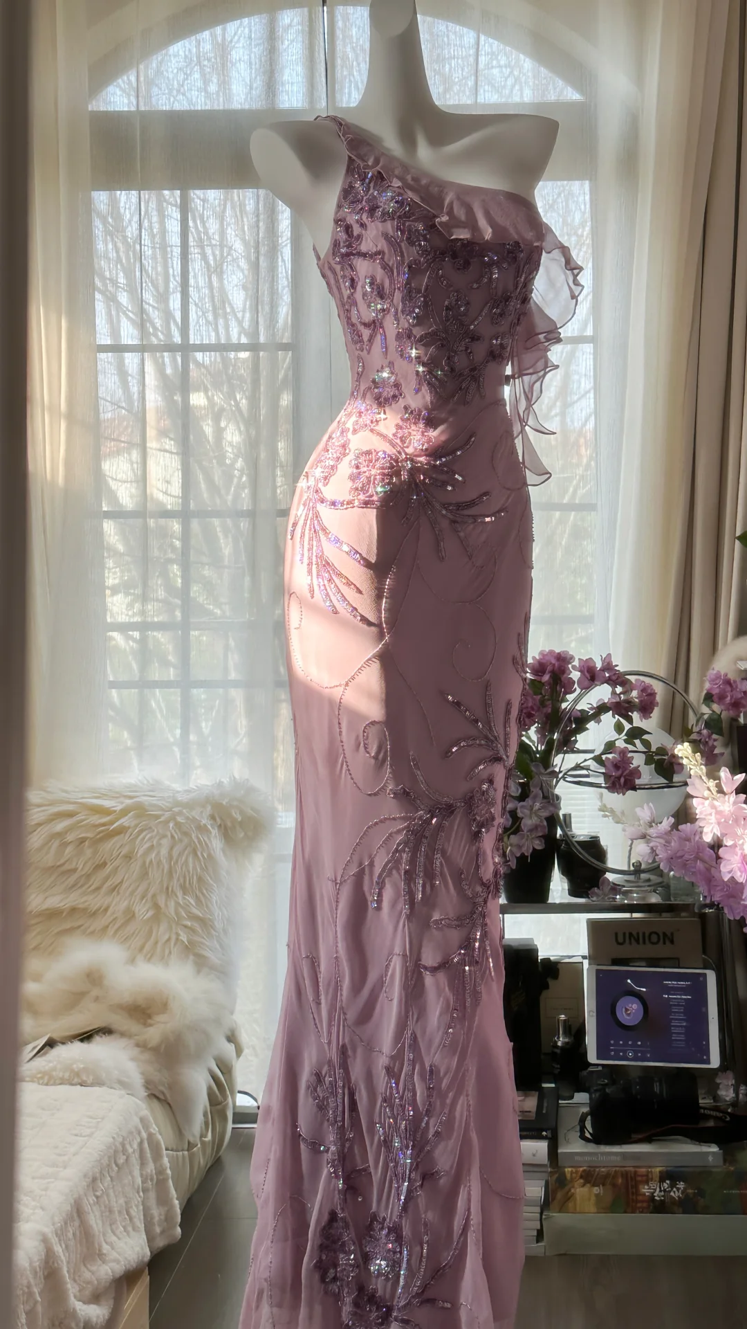 Light Purple One Shoulder Sequins Mermaid Beading Long Evening Party Dress, DP4982