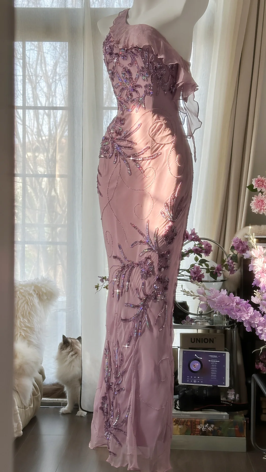 Light Purple One Shoulder Sequins Mermaid Beading Long Evening Party Dress, DP4982