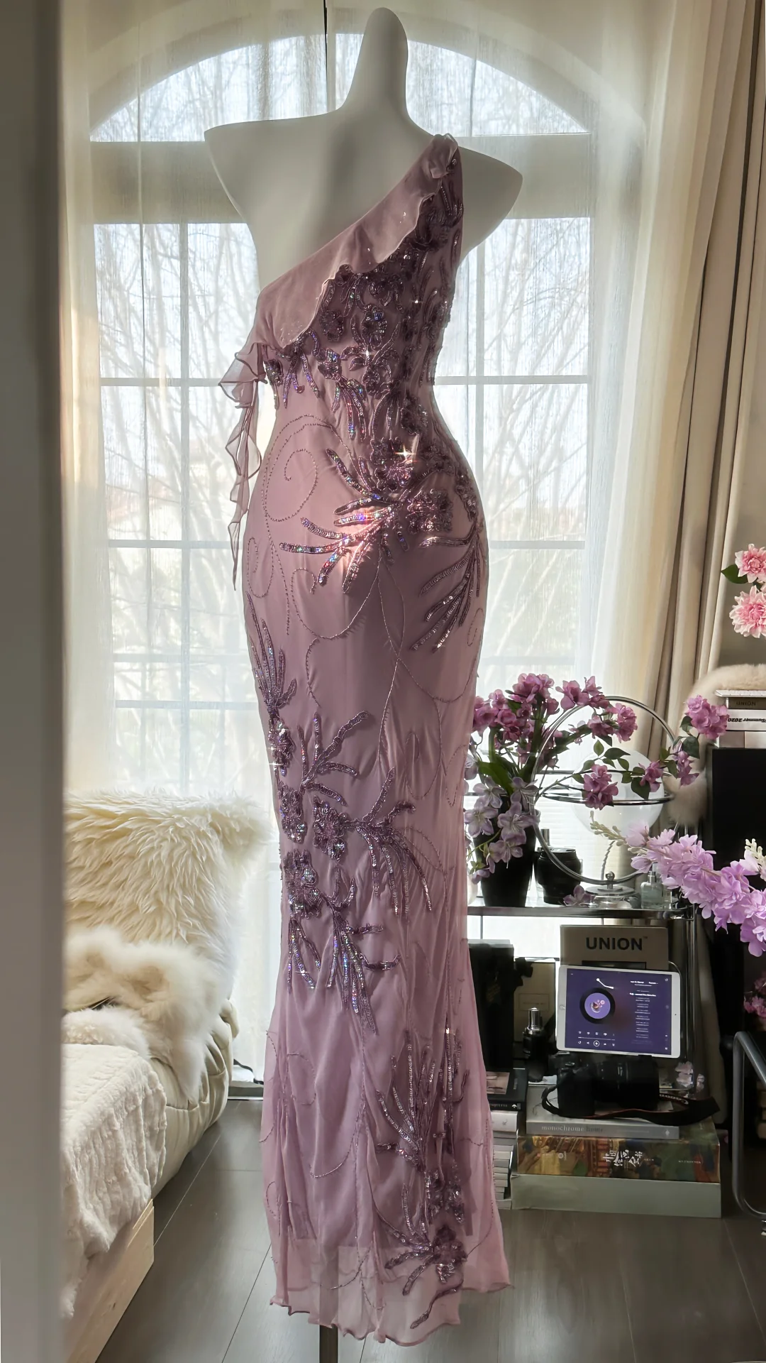 Light Purple One Shoulder Sequins Mermaid Beading Long Evening Party Dress, DP4982
