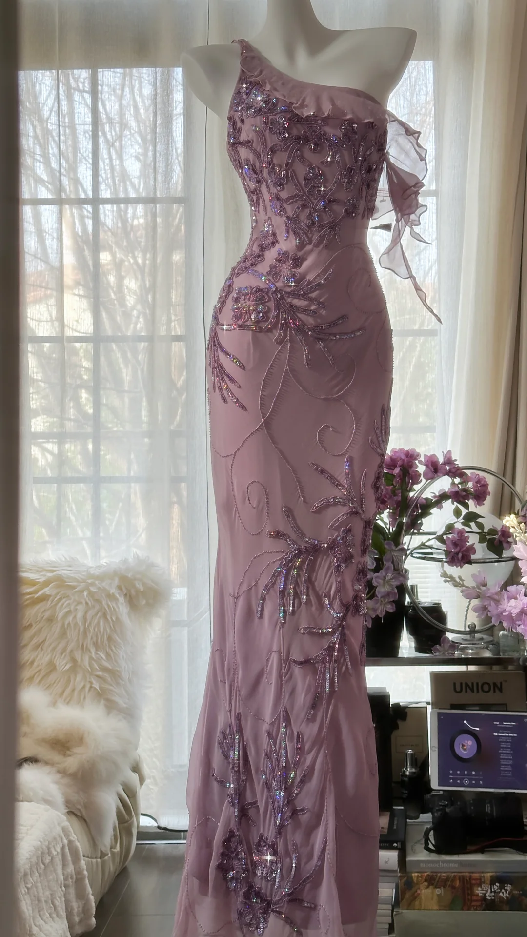 Light Purple One Shoulder Sequins Mermaid Beading Long Evening Party Dress, DP4982
