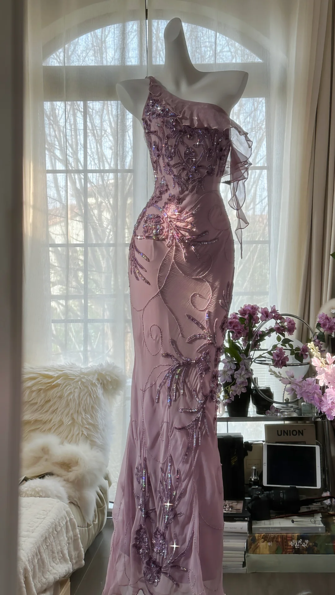 Light Purple One Shoulder Sequins Mermaid Beading Long Evening Party Dress, DP4982