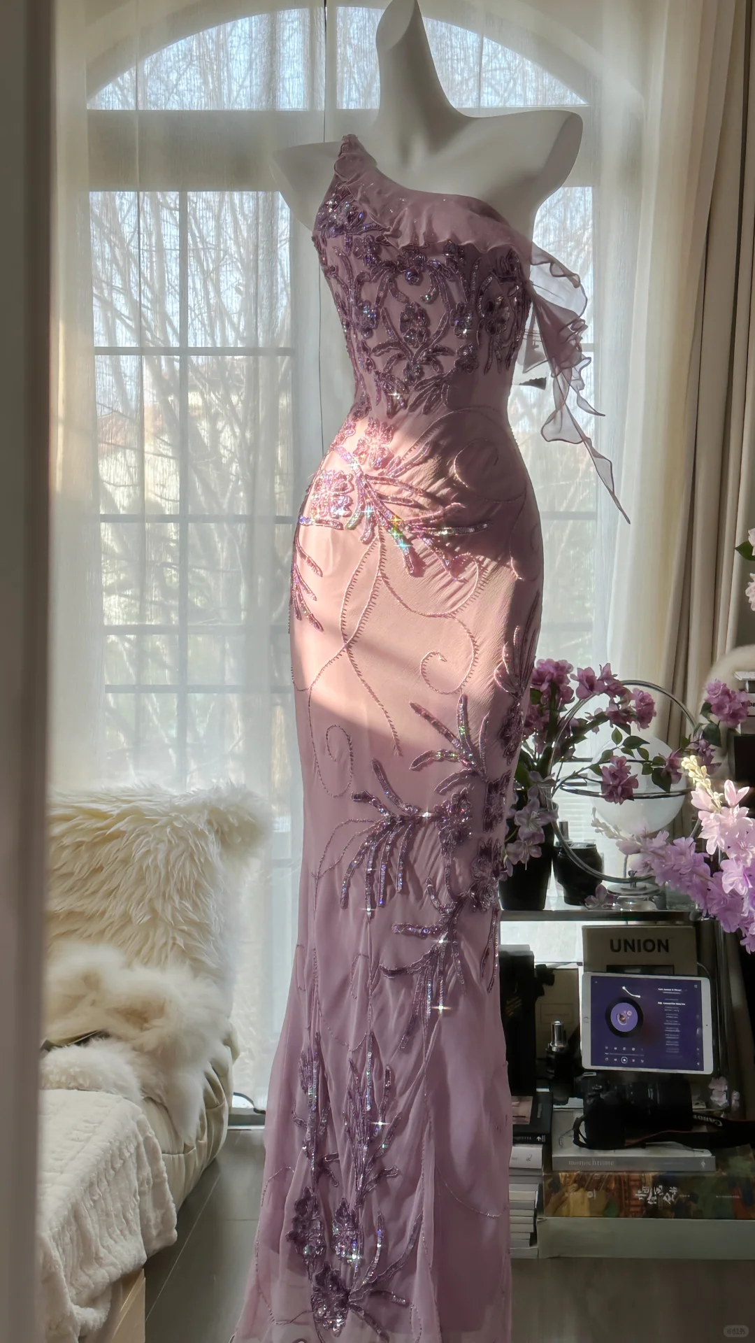 Light Purple One Shoulder Sequins Mermaid Beading Long Evening Party Dress, DP4982