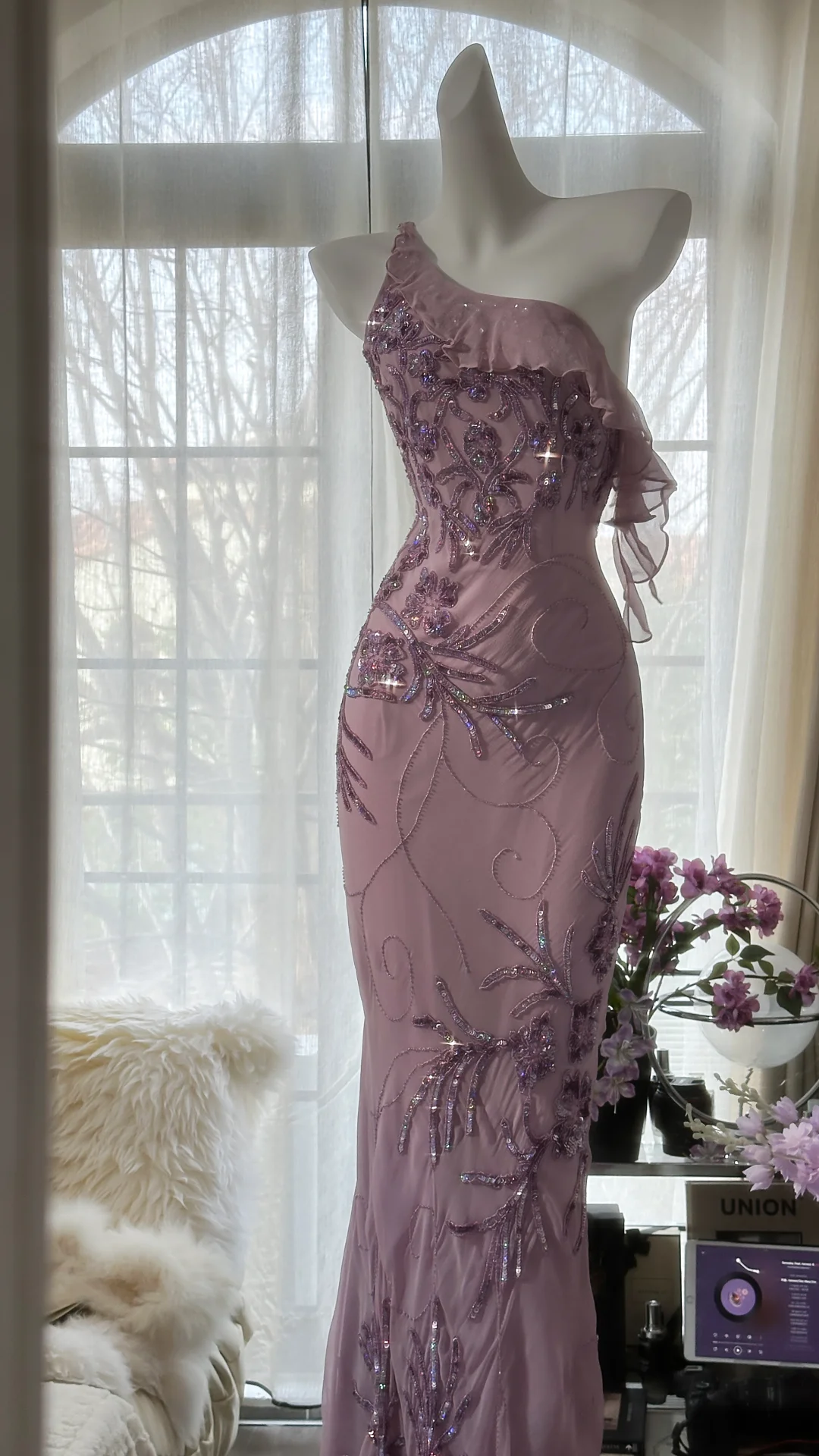Light Purple One Shoulder Sequins Mermaid Beading Long Evening Party Dress, DP4982