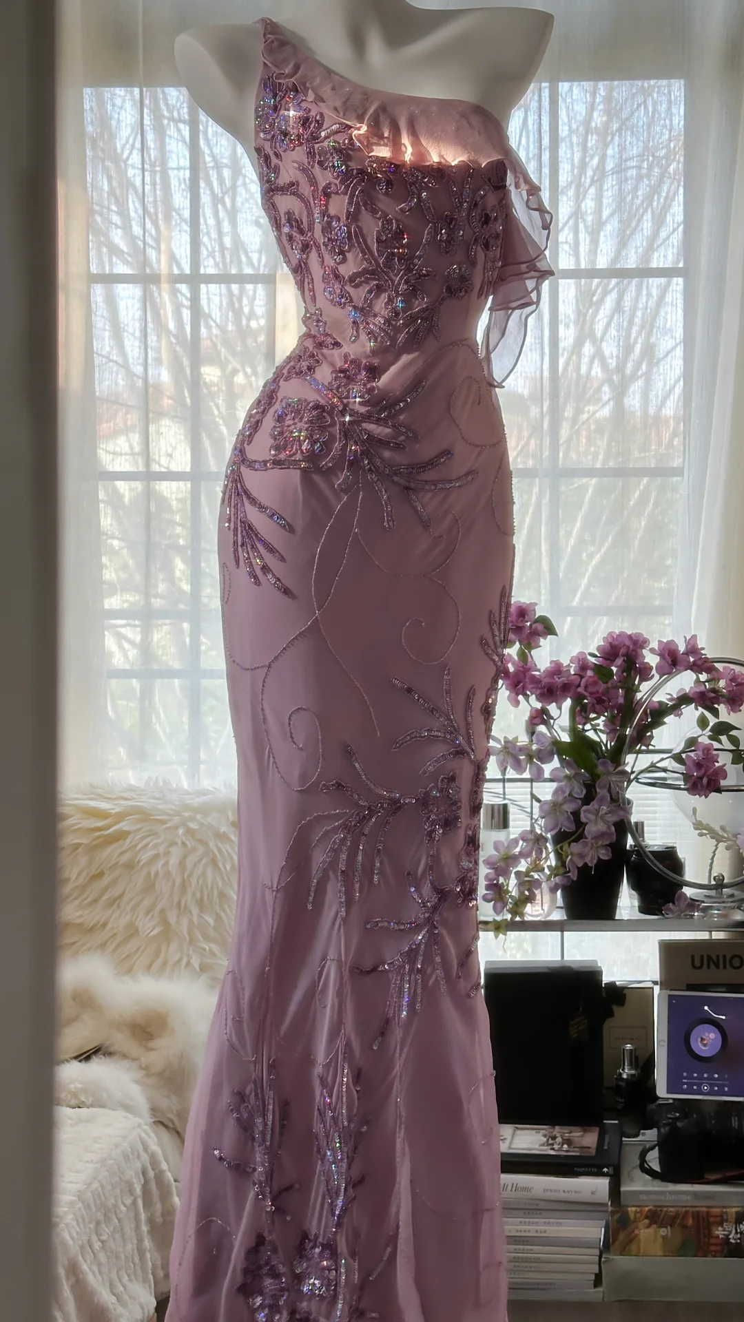 Light Purple One Shoulder Sequins Mermaid Beading Long Evening Party Dress, DP4982