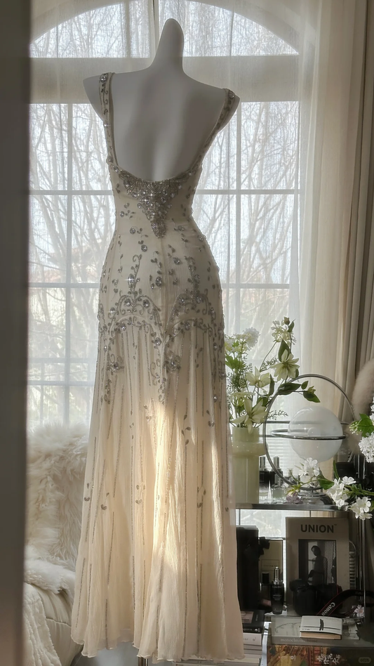 Robe de soirée longue élégante à bretelles ivoire et perles, style vintage, DP4983