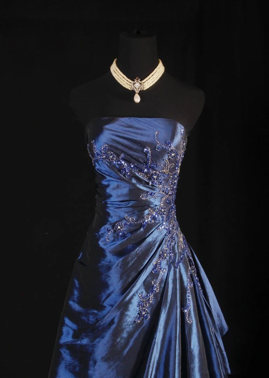 Robe de soirée longue bleu marine bustier, coupe trapèze, ornée de perles, style vintage, DP4984