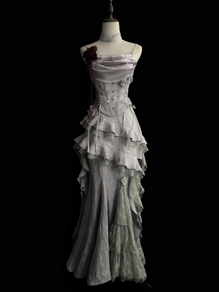 Retro Grey Spaghetti Straps Lace Mermaid Long Prom Dress Evening Gown, DP4986