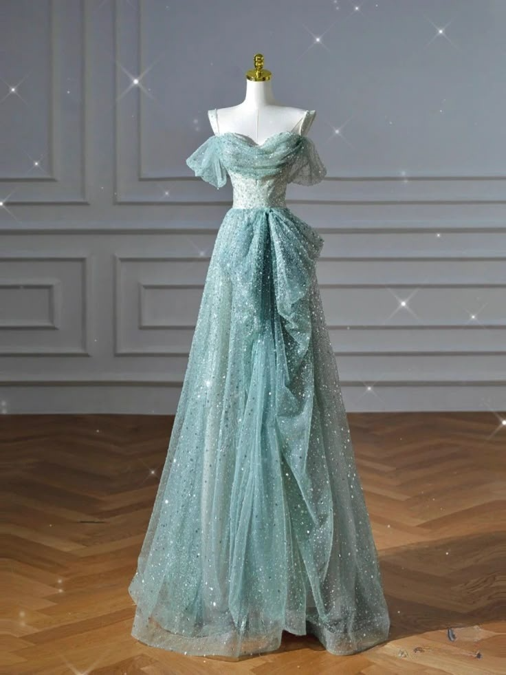Shiny Blue Off Shoulder A-Line Sequins Long Party Dress Formal Evening Gown, DP4991