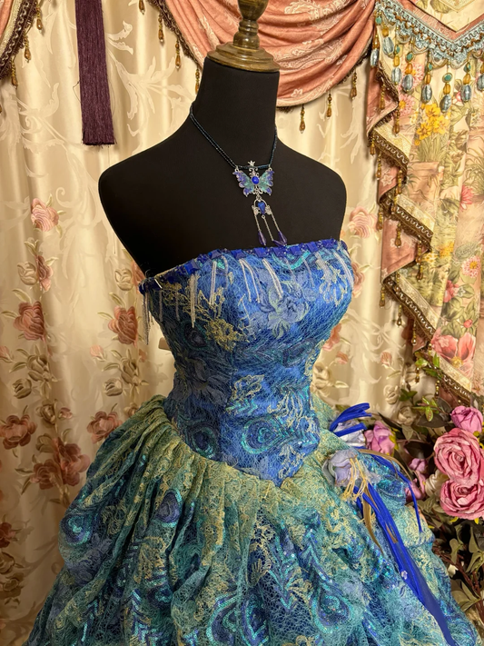 Royal Blue Strapless A-Line Beading Lace Formal Prom Dress Evening Ball Gown, DP5053