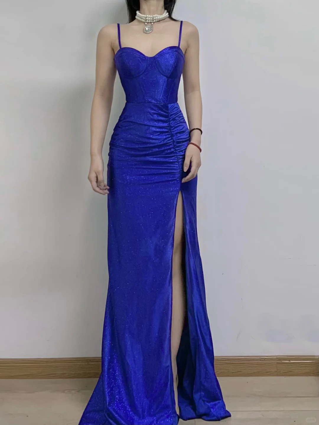 Royal Blue Spaghetti Straps Mermaid Split Sexy Long Evening Party Dress, DP5063
